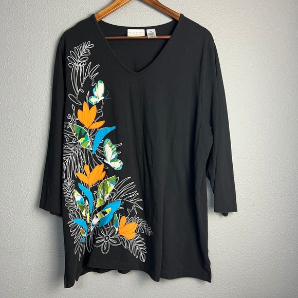 Alfred Dunner Cotton Spandex Floral Embellished Wearable Art V-Neck‎ Casual 2X - Picture 1 of 9